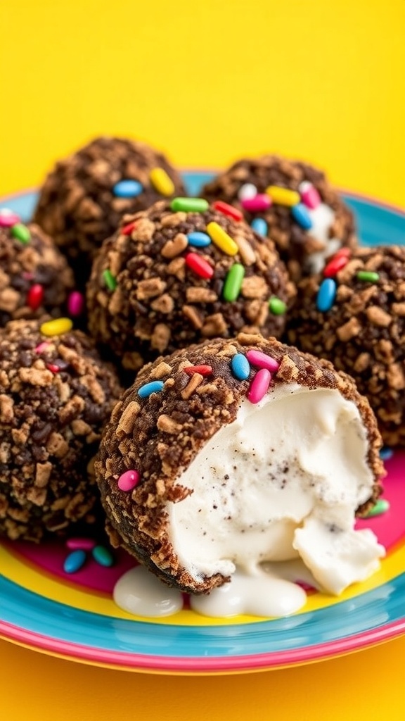 Crispy ice cream treats coated in crushed cookies on a colorful plate.